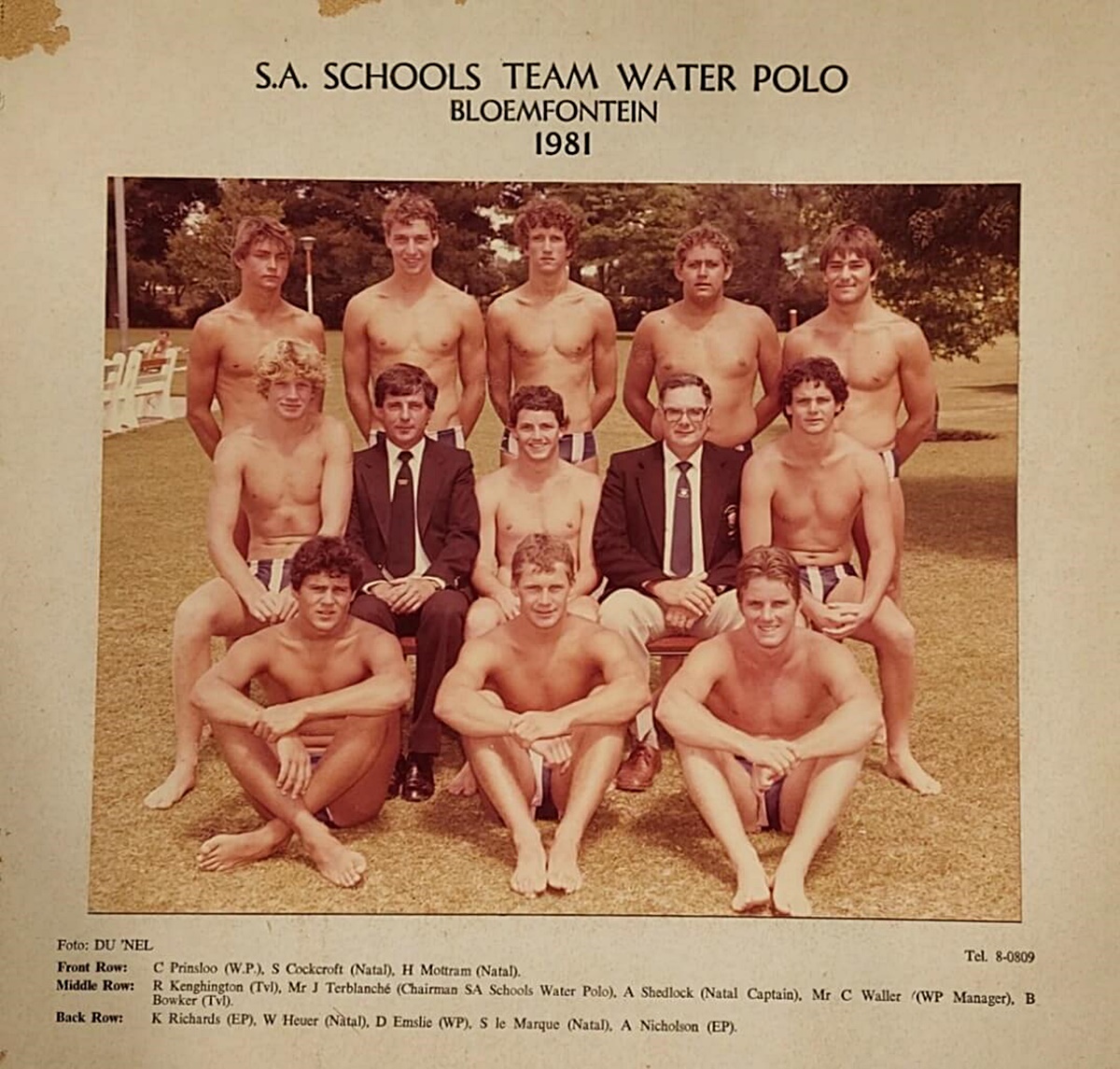Andrew Shedlock, captain of the South African Schools waterpolo team in 1981, with Steve La Marque second from right in the back row.