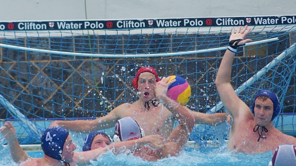 water-polo-clifton-ditz-westville-280924 When Clifton College dangerman and captain Ollie Ditz received the ball against Westville, they threw up a wall in front of him, but they couldn't prevent him scoring Clifton's first two goals. (Photo: Brad Morgan)