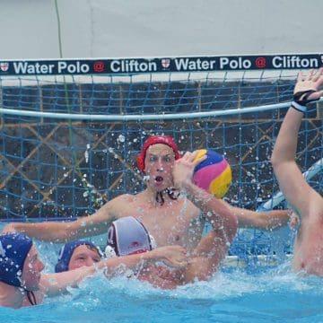 water-polo-clifton-ditz-westville-280924 When Clifton College dangerman and captain Ollie Ditz received the ball against Westville, they threw up a wall in front of him, but they couldn't prevent him scoring Clifton's first two goals. (Photo: Brad Morgan)