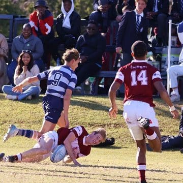 rugby-albans-kearsney-fynn-verbaan-210625 (Feature photo: Kearsney scrumhalf Fynn Verbaan is taken to ground in the win over St Alban's, courtesy Anthony Wallis, Kearsney College)