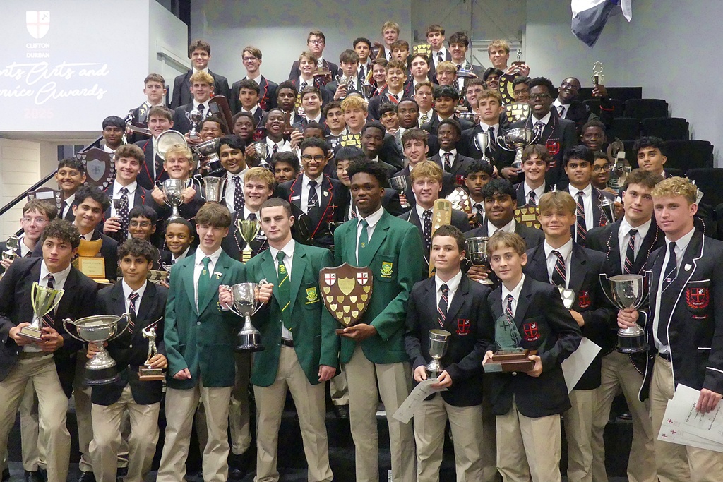 The prize winners from the 2025 Clifton Sport, Arts, and Service Awards, including, in their South African national blazers, Griffin Price (fly fishing), Dante D'Amico (MMA), and Caleb Malumbete (water polo).