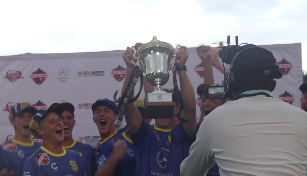 Waterkloof hoists the beautiful Clifton Centenary Cup as the 2026 champion of the Clifton T20 Tournament. (Photo: Brad Morgan).