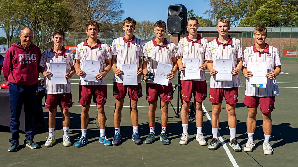 The most successful team in the history of the Kearsney Tennis Tournament, Paul Roos - coach Swannie Swanepoel, Zach Jooste, Luke Verwey, Tristan vd Merwe, Sebastian Oosthuizen (C), Liam Badenhorst, Hanno Bouwer, Simeon Roothman - claimed the title once again. (Photo: Tamlyn Gabin)