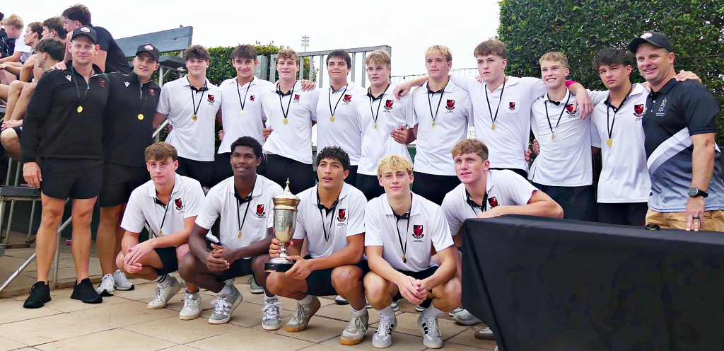Clifton College 1st team captain Nabil Bejia and his team show off the 1st team trophy after beating Hilton College in the final of the KZN Top 10 Water Polo Tournament. (Photo: Brad Morgan).